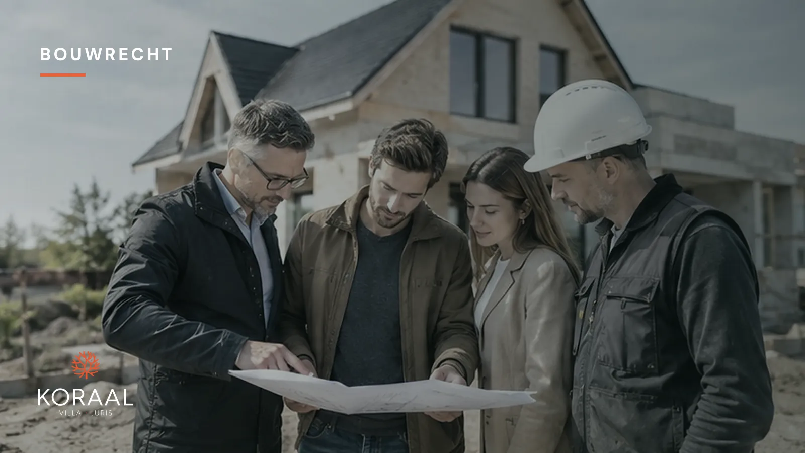 Bouwheer, architect en aannemer bekijken samen een bouwplan op de werf